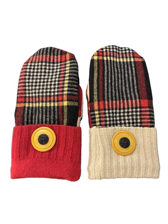 Handmade Accessories - Colorful Wool Acrylic Blend Plaid Mittens W/ Faux Leather Palm & Button Detail